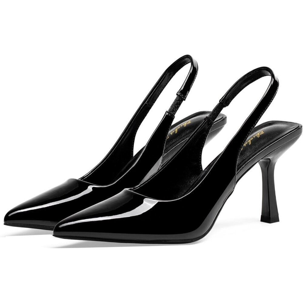 🆕3.14 Women Black Patent Polyurethane Trendy Slingback Stiletto Pumps Heels